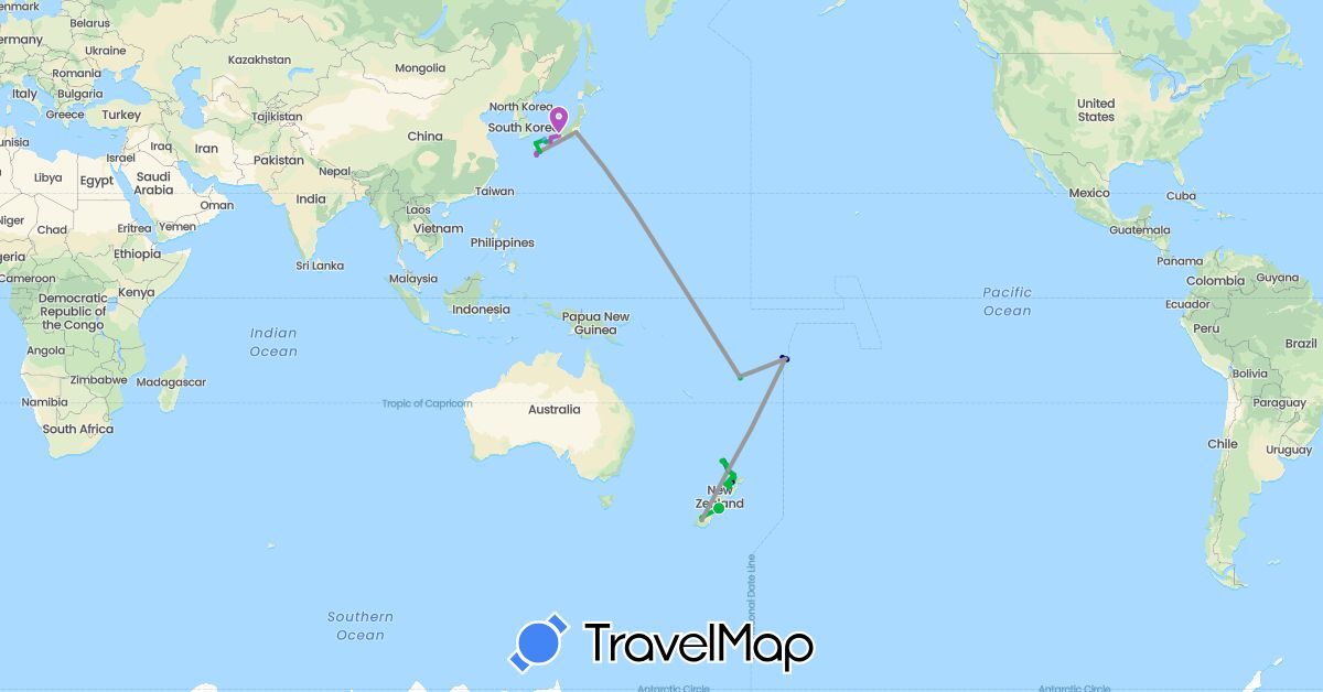 TravelMap itinerary: driving, bus, plane, train, boat in Fiji, Japan, New Zealand, Samoa (Asia, Oceania)